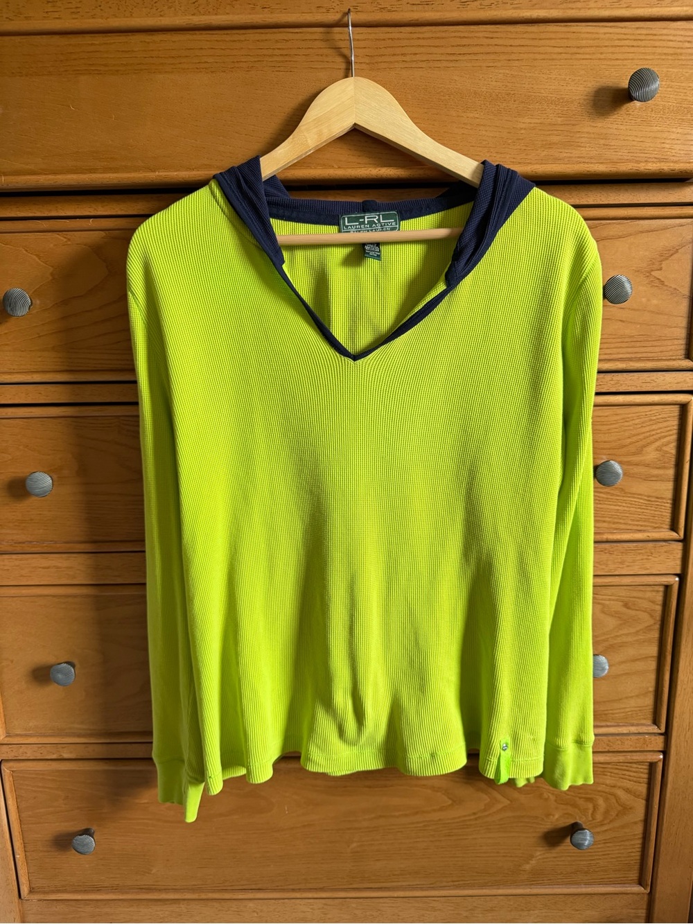 Lauren Ralph Lauren Womens Waffle Knit Hooded Shirt Size XL Lime Green & Navy